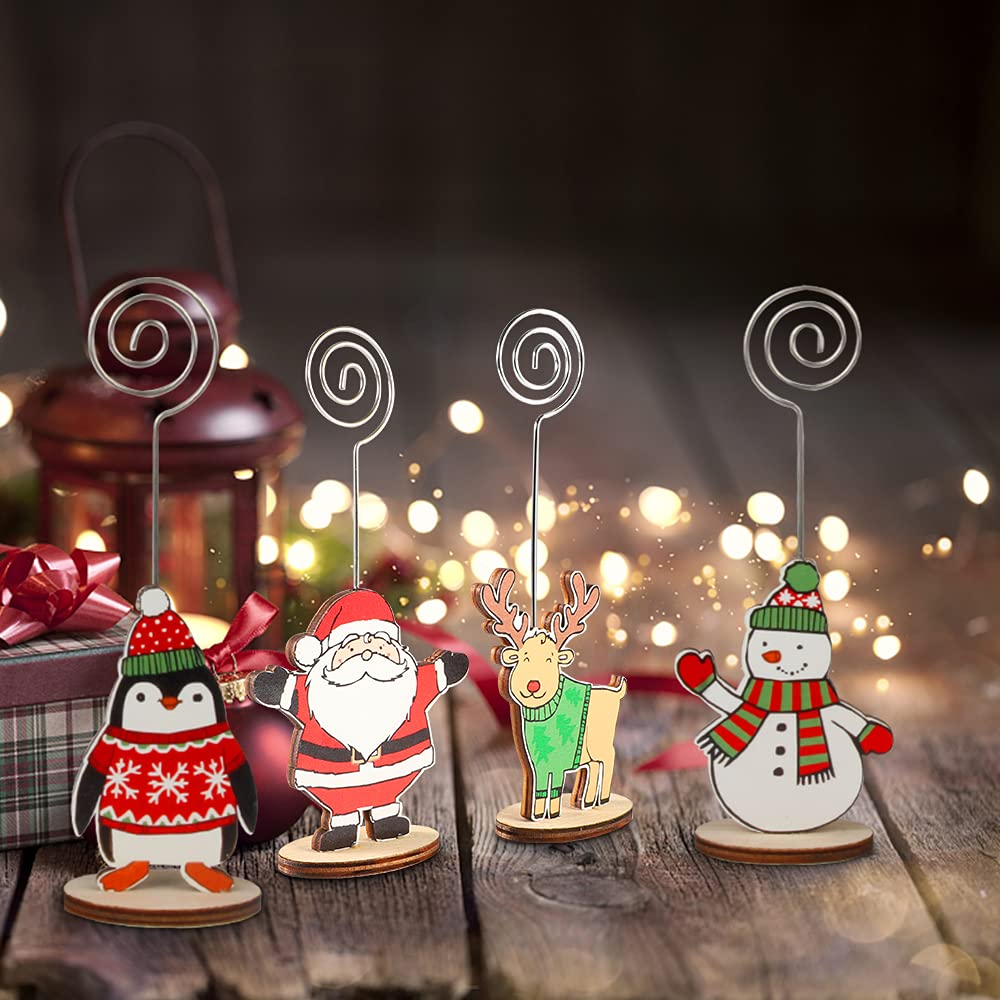 12Pcs Christmas Wood Place Card Holders with Swirl Wire and 20Pcs Kraft Place Cards, Wooden Table Memo Photo Picture Number Sign Stands Holder for Party Table Decorations — view 4