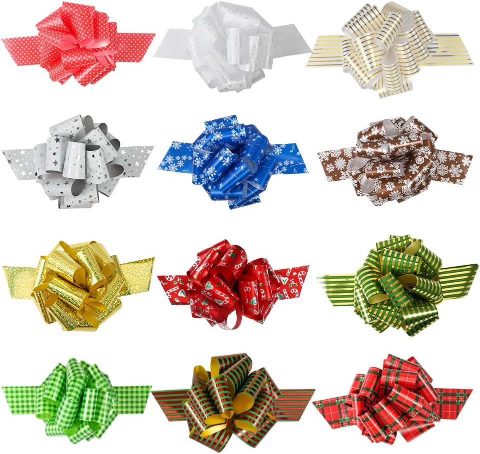 12 Pcs Christmas Gift Pull Bows 4.7′′ Wrap Ribbon Pull Bows, for Xmas Gifts, Present Baskets,Gift Wrapping, Christmas Tree, Present, Wine Bottles Present Decoration — view 2