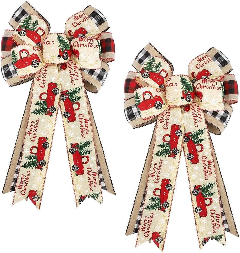 Christmas Bow – 2 Pack Large Truck Red Black Plaid Burlap Wired Bow for Christmas Wreath, Xmas Party, Christmas Tree Topper, Presents, Stair, Door, Indoor Outdoor Wall Decorations — KaleKey