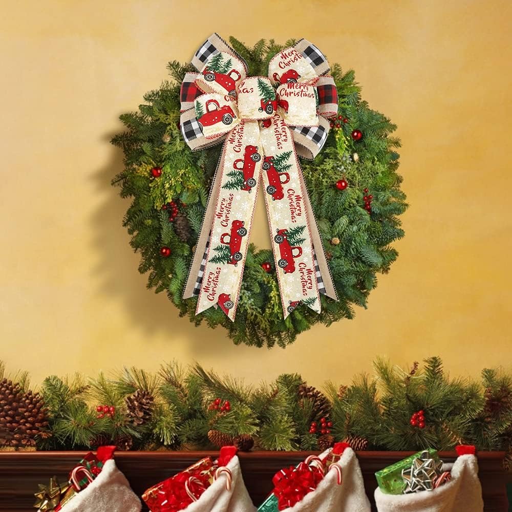 Christmas Bow – 2 Pack Large Truck Red Black Plaid Burlap Wired Bow for Christmas Wreath, Xmas Party, Christmas Tree Topper, Presents, Stair, Door, Indoor Outdoor Wall Decorations — view 4